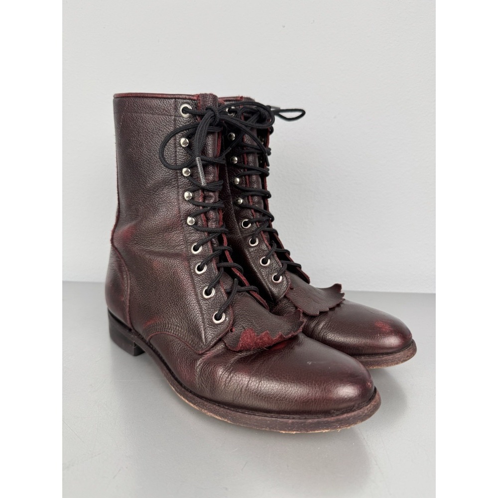 Vintage Justin Red Oxblood Leather Boots Mens 7.5 B Kiltie Lace Up Western Roper